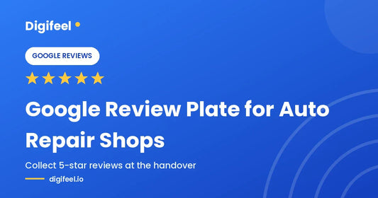 Digifeel Google review plate on an auto repair shop service desk