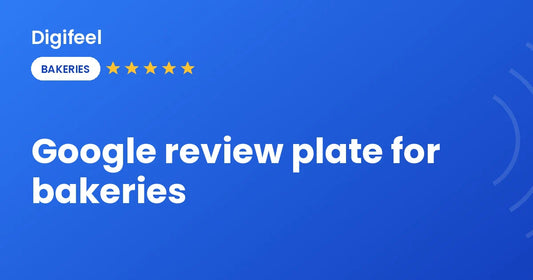 Google review plate on a bakery counter
