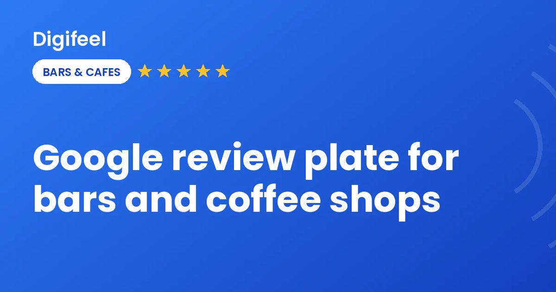 Google review plate on a coffee shop counter