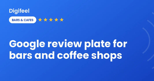 Google review plate on a coffee shop counter