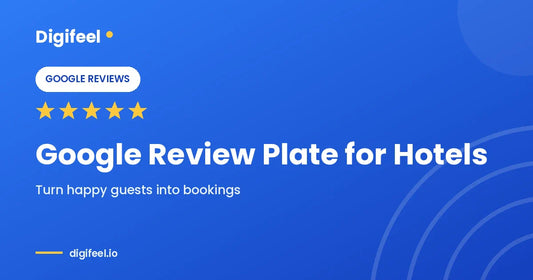 Digifeel Google review plate at a hotel reception desk