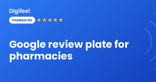 Google review plate on a pharmacy counter