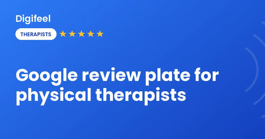 Google review plate at a physical therapy clinic reception