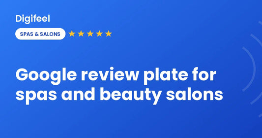 Google review plate at a beauty salon reception