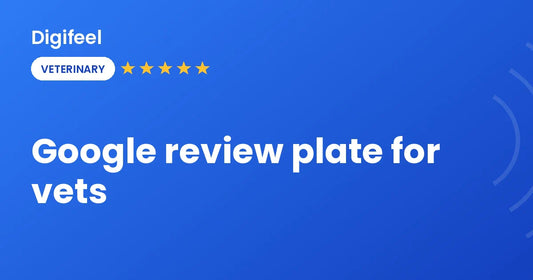 Google review plate at a veterinary clinic reception
