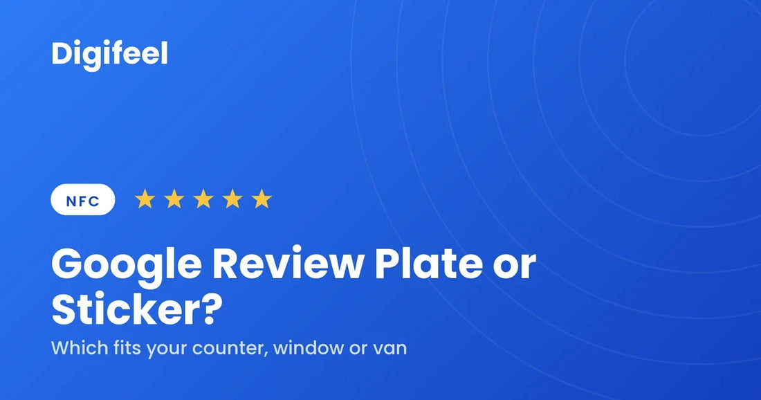 Guide banner comparing a Google review plate and an NFC sticker